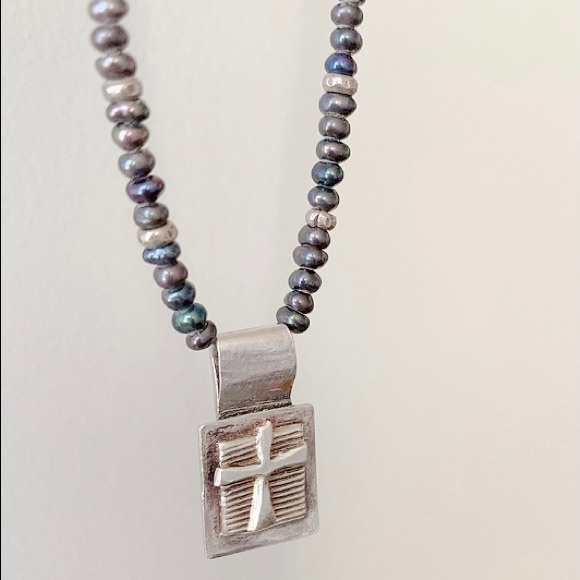 Silver and Peacock Color Seed Bead Cross Necklace - Picture 2 of 9